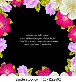 Beautiful frame of flowers on black background. For your design of postcards, invitations, greeting cards for wedding, birthday, party, Valentine's day. Vector illustration.