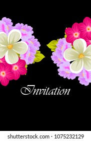 Beautiful frame of flowers on black background. For your design of postcards, invitations, greeting cards for wedding, birthday, party, Valentine's day. Vector illustration.