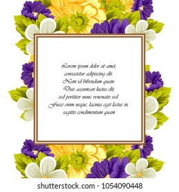 Beautiful frame of flowers. For your postcard design, greeting cards for wedding, birthday and more. Vector illustration.