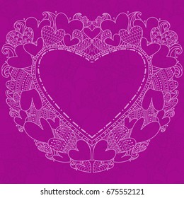 Beautiful frame in the form of a heart of hearts in a doodle style. Lacy frame on a wine background. For Valentine's day, wedding, favorite people, for photos.