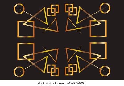Beautiful frame of geometric shapes. Triangle, circle, square. Gold illustration on a black background with space for an inscription. Printing on fabric. Postcard with space for an inscription. .Vecto