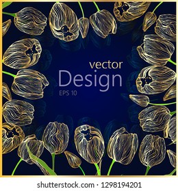 Beautiful frame of golden tulip buds on a blue background.Template with hand-drawn flowers. Vector eps 10