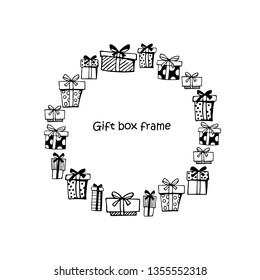 Beautiful frame with graphic black gift boxes on white background. Great element for your design.