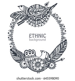 Beautiful frame with hand drawn ethnic elements, birds, arrows, feathers. Black and white tribal vector template for your design.