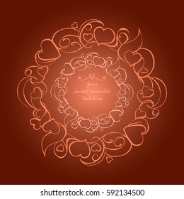 Beautiful frame with hearts, swirls and petals on background in chocolate colors. Warm and shining ornament for fabric design, wrapping, polygraph and web page decoration.