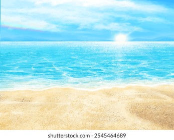 Beautiful frame illustration background material of summer sandy beach, blue sky with clouds and sea