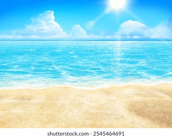 Beautiful frame illustration background material of summer sandy beach, blue sky with clouds and sea