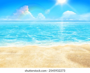  Beautiful frame illustration background material of summer sandy beach, blue sky with rainbow and clouds and sea