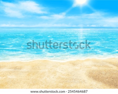 Beautiful frame illustration background material of summer sandy beach, blue sky with clouds and sea