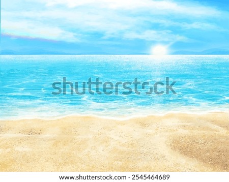 Beautiful frame illustration background material of summer sandy beach, blue sky with clouds and sea