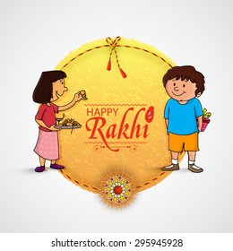 Beautiful frame with illustration of cute little sister and brother preparing for Rakhi, Indian festival of brother and sister love, Happy Raksha Bandhan celebration.