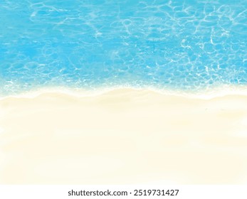Beautiful frame illustration of summer sandy beach and emerald green ocean waves seen from above.