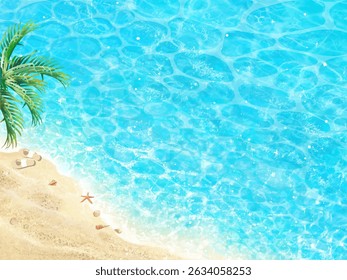 Beautiful frame illustration of summer sandy beach and palm tree - blue sky and emerald green sea with shells and sandaloo clouds - sea seen from above.