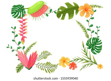 Beautiful frame with jungle leaves, flowers. Vector frame with jungle plants for decoration and design concept for invitations, wedding cards, banners. Summer forest plants vector frame, wedding cards