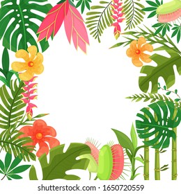Beautiful frame with jungle leaves, flowers. Vector frame with jungle plants for decoration and design concept for invitations, wedding cards, banners. Summer forest plants isolated vector frame.