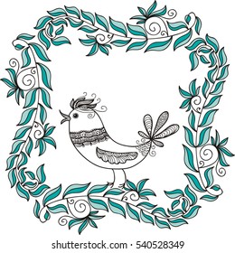 Beautiful frame of leaves and cute bird. Vector illustration.