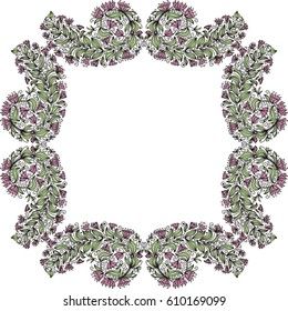 Beautiful frame of leaves and flowers. Vector illustration.