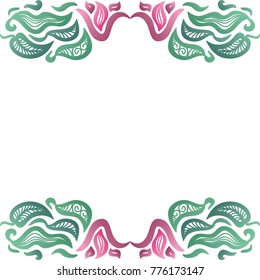 Beautiful frame of leaves and flowers. Vector illustration.