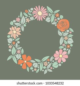 Beautiful frame made of hand drawn flowers and copyspace. Vector.