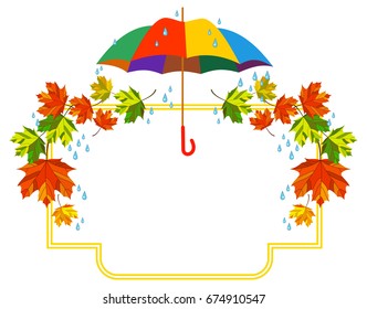 Beautiful frame with maple leaves and umbrella. Vector clip art.