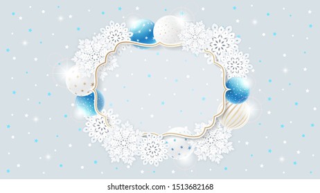Beautiful frame for Merry Christmas and Happy New Year greetings with snowflakes and Christmas balls. The effect of radiance and glow. Vector illustration.