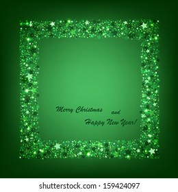 Beautiful frame on a green background of glitter and stars 