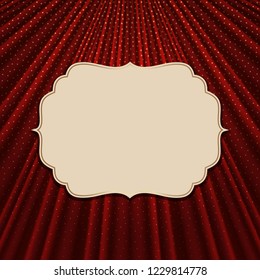 Beautiful frame on a red textile effect background with golden polka dots. Vector illustration. 
