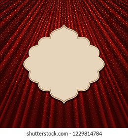 Beautiful frame on a red textile effect background with golden polka dots. Vector illustration. 