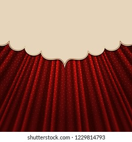 Beautiful frame on a red textile effect background with golden polka dots. Vector illustration. 