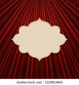 Beautiful frame on a red textile effect background with golden polka dots. Vector illustration. 