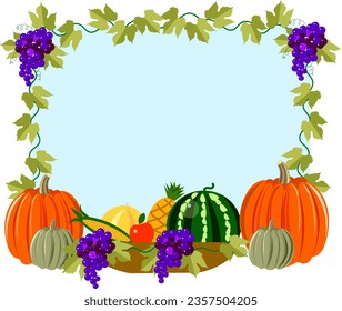 Beautiful frame with orange green pumpkins   basket with vegetables  fruits   bunches of purple grapes  Suitable for congratulations   autumn holidays Inside the frame there  space for text  Vector