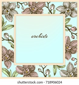 Beautiful frame with orchids. Background.  Vintage style. Vector illustration.