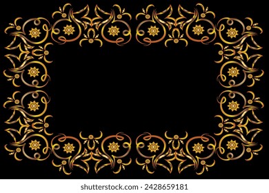 Beautiful frame. Pattern. Flowers, leaves, curls. Gold illustration on a black background with space for an inscription. Printing on fabric. Postcard with space for an inscription. .Vector..