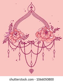 beautiful frame with peonies and mehndi style decoration, can be used for tattoo or as wedding party invitation, romantic colors, vector illustation 