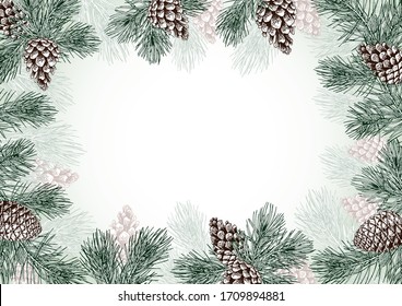 Beautiful frame with pine branches and cones. Hand drawn vector illustration.