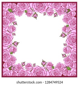 Beautiful frame with pink roses, vector illustration isolated on white background