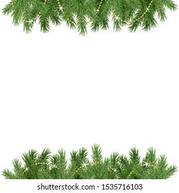 Beautiful frame with realistic spruce branches and decorative golden chain isolated on white background; Vector botanical illustration; Template with green Christmas tree twigs for greeting card