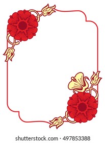 Beautiful frame with red and yellow  flowers. Design element for advertisements, flyer, web, wedding, invitations and greeting cards. Vector clip art.