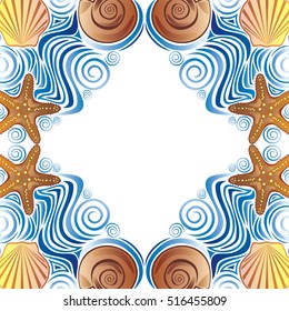 Beautiful frame of sea waves and shells. Nature decorative element. Vector illustration.