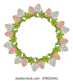 Beautiful frame in shape of wreath with blooming clover flowers 