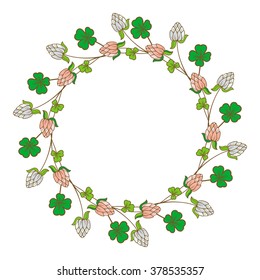 Beautiful frame in shape of wreath with blooming clover flowers 