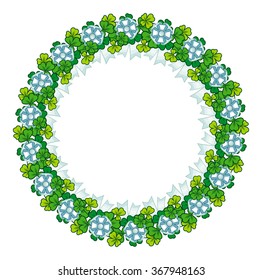 Beautiful frame in shape of wreath with clover, bows and ribbons
