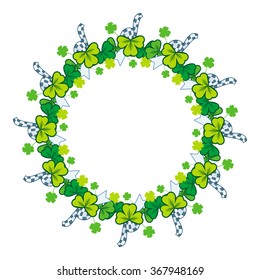 Beautiful frame in shape of wreath with clover, bows and ribbons