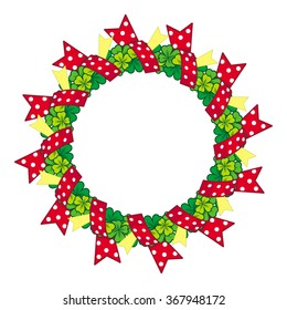 Beautiful frame in shape of wreath with clover and ribbons