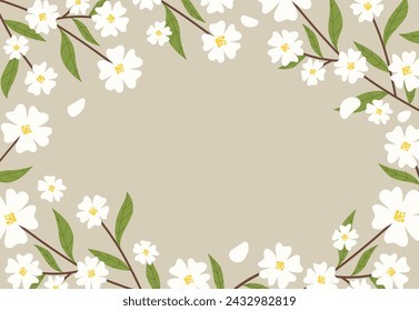 Beautiful frame of spring white blooming flowers on branches. Spring flowers in vector, flat style.