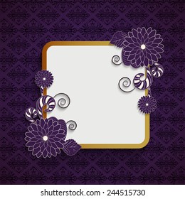 Beautiful frame in square shape with floral decoration and blank space for your message on seamless purple background.