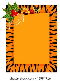  beautiful frame in style of tiger is decorated a bow for christmas postals