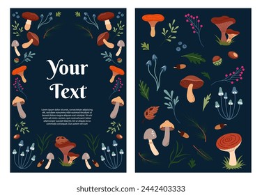 Beautiful frame for text and background with illustrations on forest theme. Mushrooms, pine branches, leaves on  dark blue background. Vector template for invitation, menu, book cover, flyer.