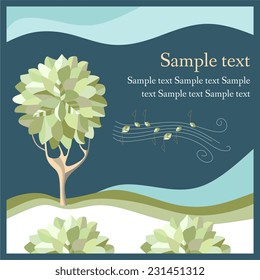 Beautiful frame with tree and leaves flying on wind - musical line