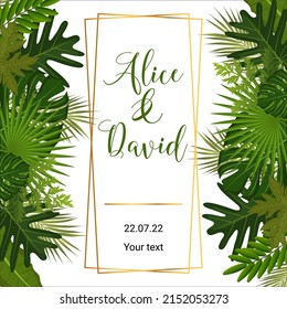 Beautiful  frame with tropical leaves wedding invitation card template